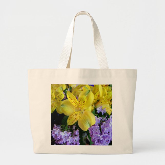 Grand Tote Bag Jaune et Fleurs Lilac Violettes (Devant)