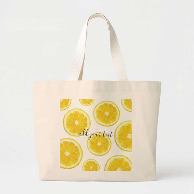 Grand Tote Bag Jaune tranche de citron frais texte personnalisé (Devant)