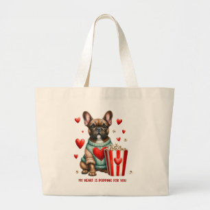 Grand Tote Bag Joli cœur de la Saint-Valentin de Bouledogue Franç