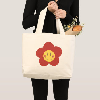 Grand Tote Bag Jolie fleur souriante Rétro esthétique Visage heur