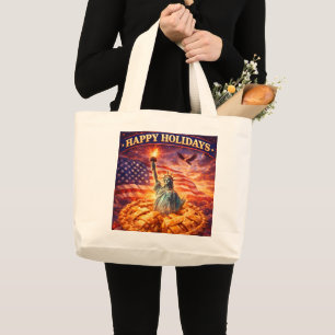 Grand Tote Bag Joyeuses fêtes, Statue de la Liberté patriotique A
