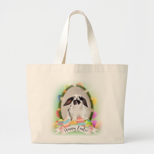 Grand Tote Bag Joyeux lapin de Pâques, conception d'oeufs (Devant)