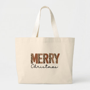 Grand Tote Bag "Joyeux Noël" Bloc de couleur moderne Leopard Boho
