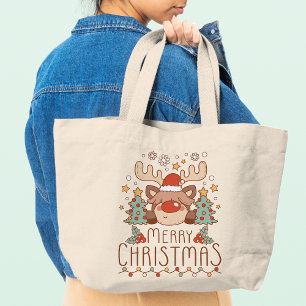 Grand Tote Bag Joyeux Noël mignon renne Whimsical Festin