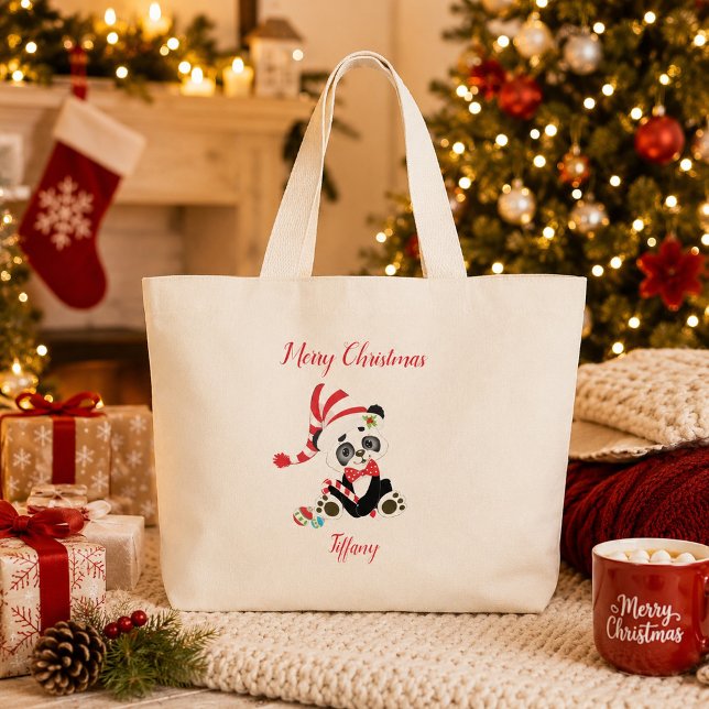 Grand Tote Bag Joyeux Noël Panda Bear (Créateur téléchargé)