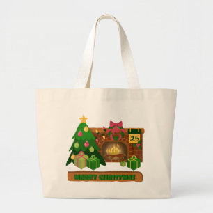 Grand Tote Bag Joyeux Noël près de la cheminée bonfire xmas arbre