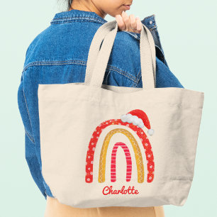 Grand Tote Bag Joyeux Noël Santa Hat Rainbow Tot personnalisé