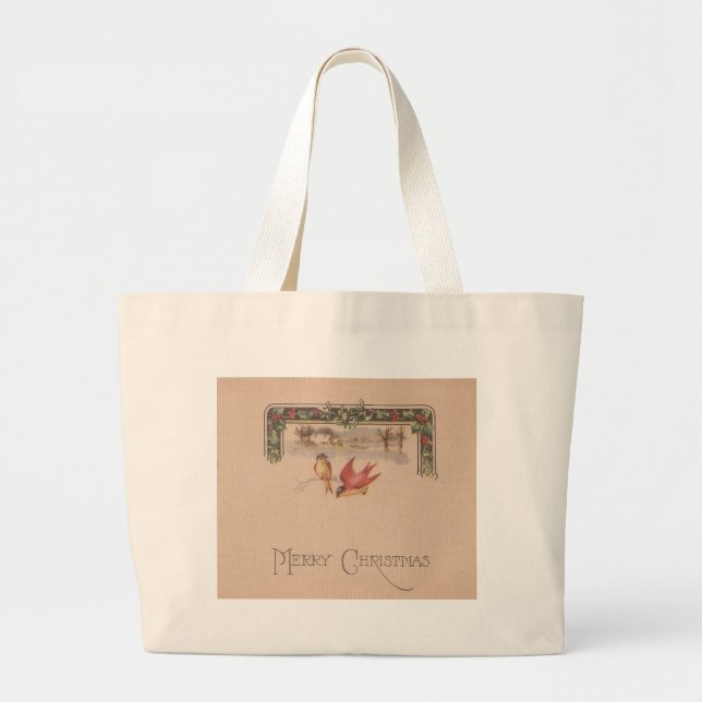 Grand Tote Bag Joyeux Noël Vintages Birds (Devant)
