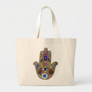 Grand Tote Bag Judaica Hamsa Coeurs Fleurs Opal Art Imprimer