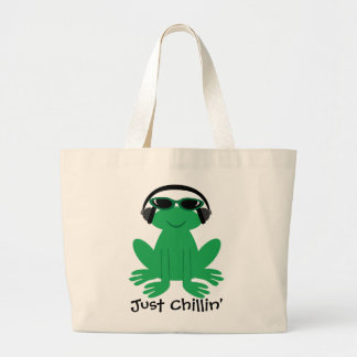 Grand Tote Bag Juste grenouille de Chillin avec des écouteurs et