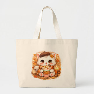 Grand Tote Bag Kawaii Cozy Autumn Latte Kitty – Cute Fall Cat 