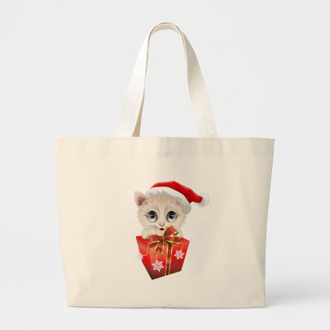 Grand Tote Bag Kitten Noël Père Noël avec cadeau (Devant)