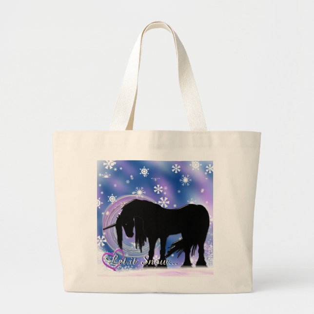 Grand Tote Bag La licorne noire mystique (Qu'Elle Neige) (Devant)
