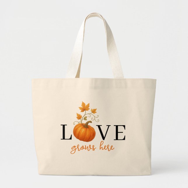 Grand Tote Bag L'AMOUR grandit ici | Lettres citrouilles Automne (Devant)