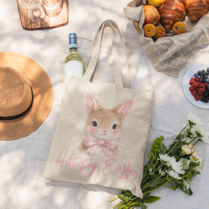 Grand Tote Bag Lapin à l'aquarelle avec noeud rose   Lapin de Pâq