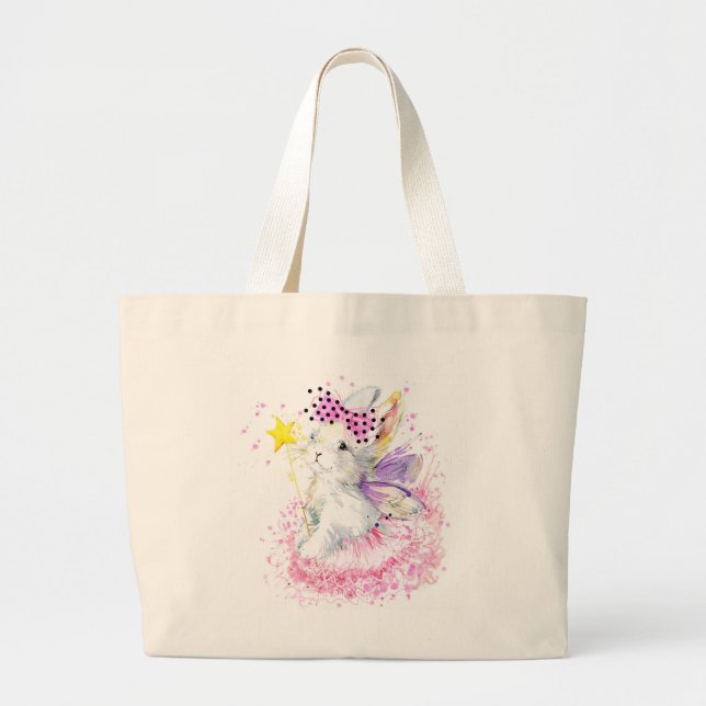 Grand Tote Bag Lapin de fée d'aquarelle (Devant)