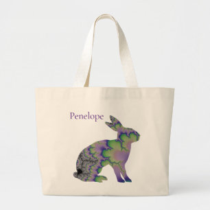 Grand Tote Bag Lapin Fractée vert et violet avec nom