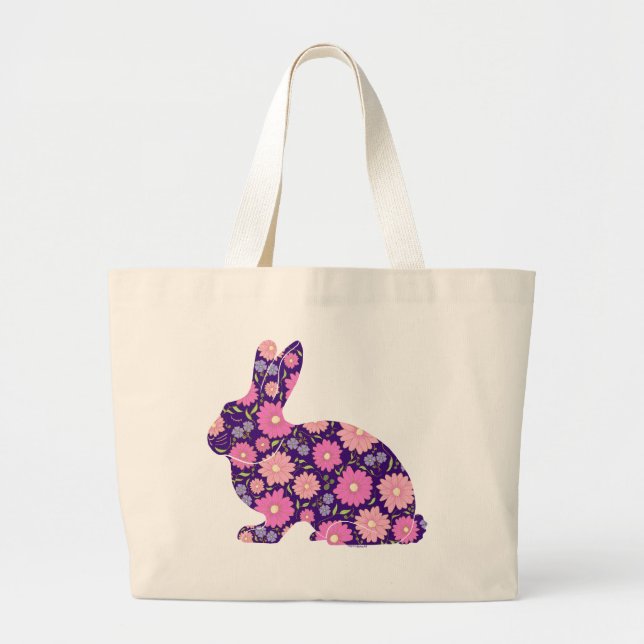 Grand Tote Bag Lapin rétro rose et fleurs (Devant)