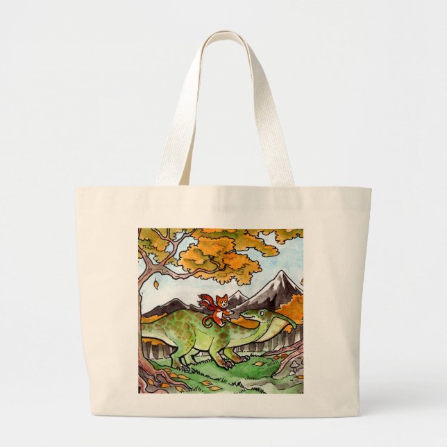 Grand Tote Bag Le chat monte un dinosaure (Devant)