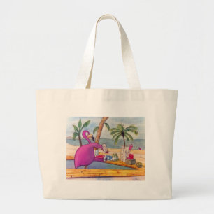 Grand Tote Bag Le Flamant rose rose lunatique verse la plage de