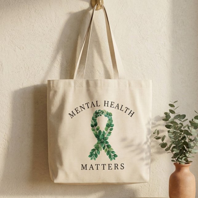 Grand Tote Bag Le Ruban Vert Botanique de la Santé Mentale Compte (Mental Health Awareness Green Ribbon Bag)