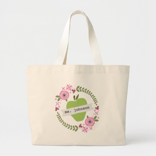 Grand Tote Bag Le vert floral Apple de guirlande a personnalisé (Devant)