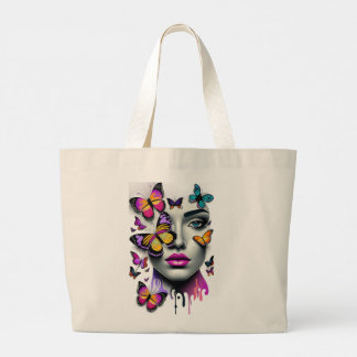 Grand Tote Bag Les femmes visage et papillons, imaginaire