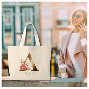Grand Tote Bag Lettre A Élégant Monogramme Floral Or
