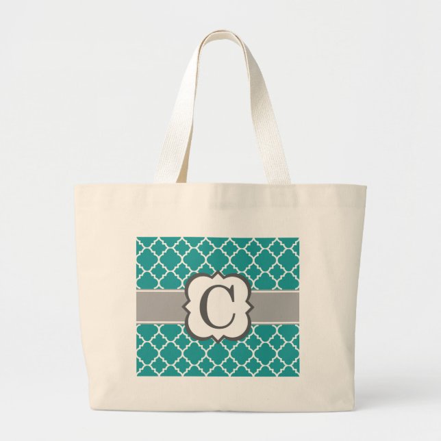 Grand Tote Bag Lettre bleue turquoise C Quatrefoil de monogramme (Devant)