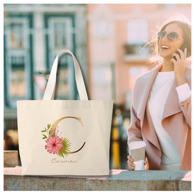 Grand Tote Bag Lettre C Élégant Monogramme Floral Or (Créateur téléchargé)