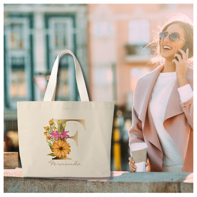 Grand Tote Bag Lettre F Élégant Monogramme Floral Or (Créateur téléchargé)