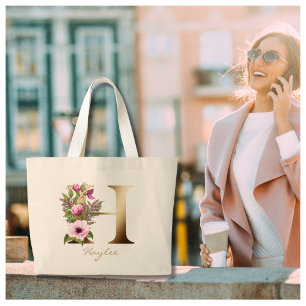 Grand Tote Bag Lettre H Élégant Monogramme Floral Or