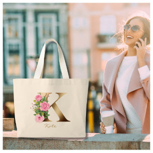 Grand Tote Bag Lettre K Élégant Floral Monogramme Or Roses Roses