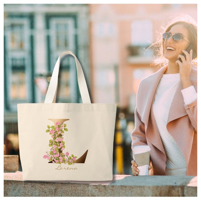 Grand Tote Bag Lettre L Élégant Monogramme Floral Or (Créateur téléchargé)