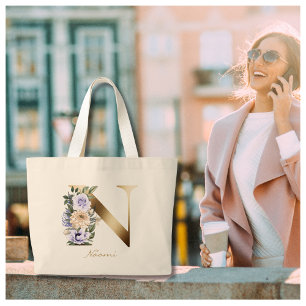 Grand Tote Bag Lettre N Élégant Monogramme Floral Or
