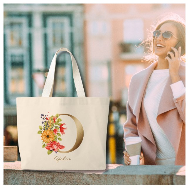 Grand Tote Bag Lettre O Élégant Monogramme Floral Or (Créateur téléchargé)