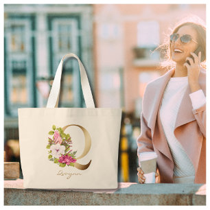 Grand Tote Bag Lettre Q Élégant or Floral Monogramme