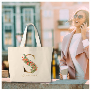 Grand Tote Bag Lettre S Floral Or Monogramme Orange Fleurs