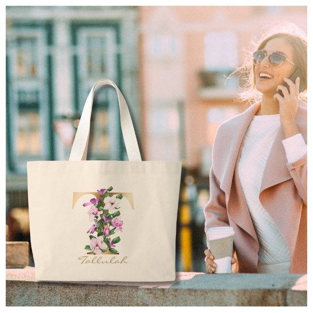 Grand Tote Bag Lettre T Élégant Monogramme Floral Or (Créateur téléchargé)