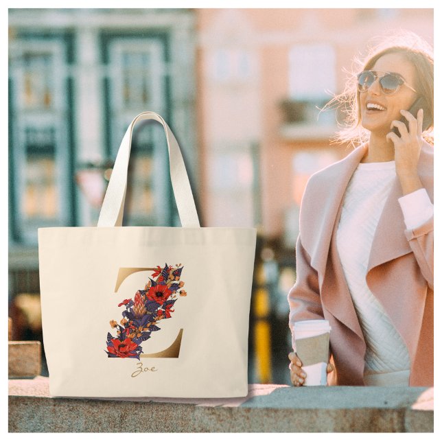 Grand Tote Bag Lettre Z Monogramme or rouge violet jaune floral (Créateur téléchargé)