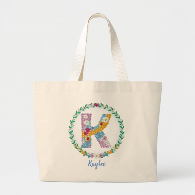 Grand Tote Bag Lettres de fleurs Initiale "K" avec nom personnali (Devant)