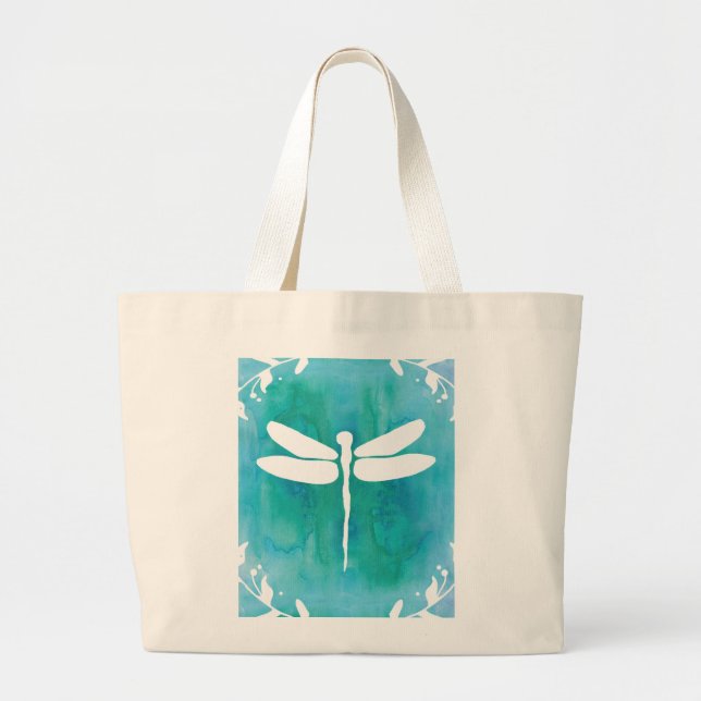 Grand Tote Bag Libellules blanches de bleu d'Aqua d'aquarelle de (Devant)