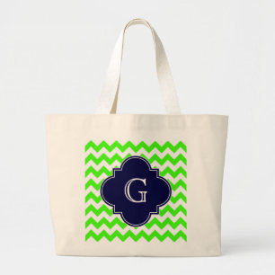 Grand Tote Bag Lime Green Chevron Navy Blue Quatrefoil Monogramme