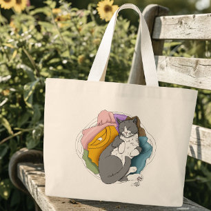 Grand Tote Bag Linge Cheveux de Chat Gris Blanc