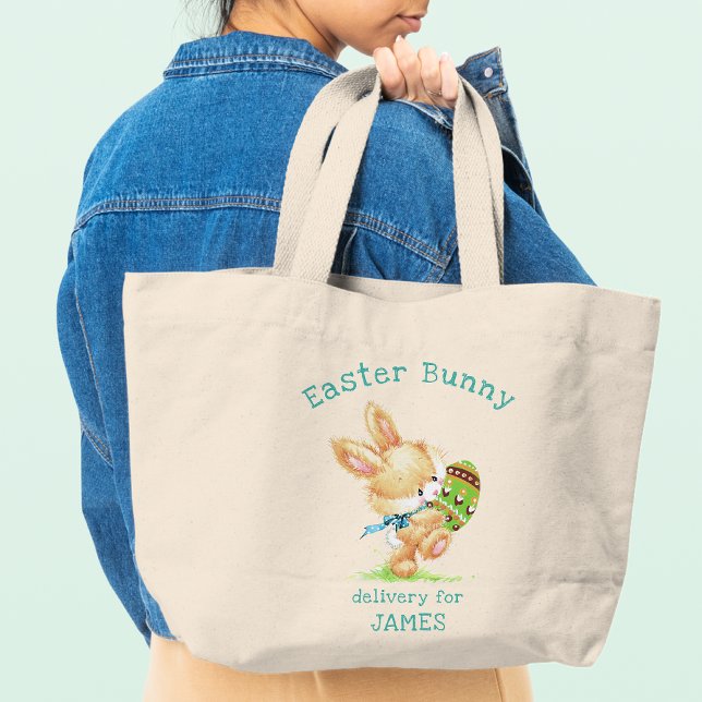 Grand Tote Bag Livraison de lapin de Pâques Nom personnalisé / Va (Créateur téléchargé)