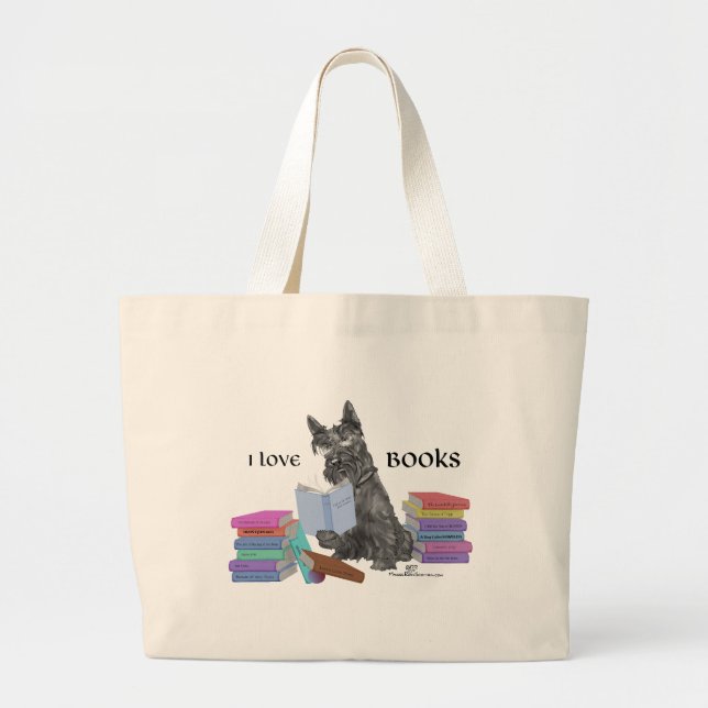 Grand Tote Bag Livres de lecture écossais Terrier (Devant)