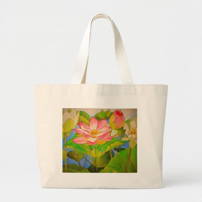 Grand Tote Bag Lotus rose nénuphar aquarelle peinture (Devant)