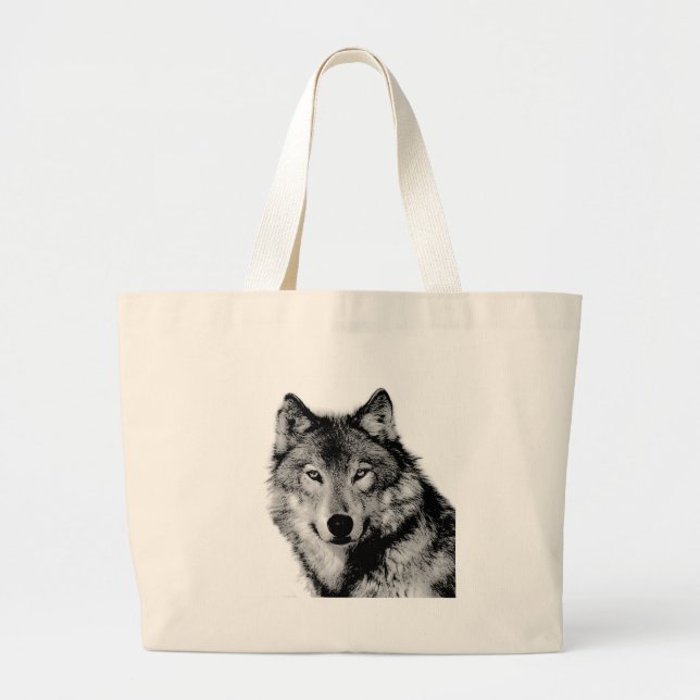 Grand Tote Bag Loup noir et blanc (Devant)