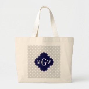 Grand Tote Bag Lt Gray Wht Polka Dots Navy Quatrefoil 3 monogram