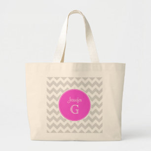 Grand Tote Bag Lt Grey White Chevron Rnd Hot Pink Nom Monogramme